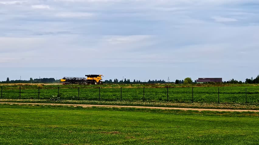 Yellow harvester operates across open green fields under cloudy skies near Dobele