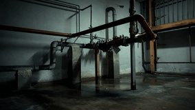 Abandoned, flooded basement corridor with old industrial pipes and valves running along the walls, conveying a spooky atmosphere of decay and horror for Halloween - Powered by Shutterstock - Get 15% off with code: PIKWIZARD15