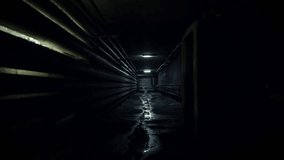 Dark and wet industrial corridor or maintenance tunnel with parallel pipes and illuminated by faint fluorescent lights, creating a suspenseful and creepy horror setting for Halloween - Powered by Shutterstock - Get 15% off with code: PIKWIZARD15