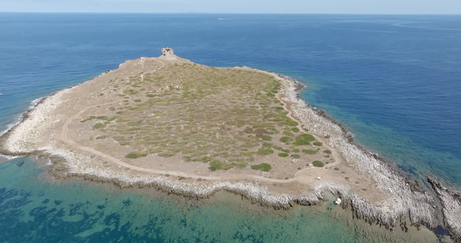 Aerial view of Isola delle Femmine (The Island of Females). It is a small, uninhabited island in the Mediterranean Sea located near Palermo, Sicily, Italy. There are the ruins of an old watchtower.
