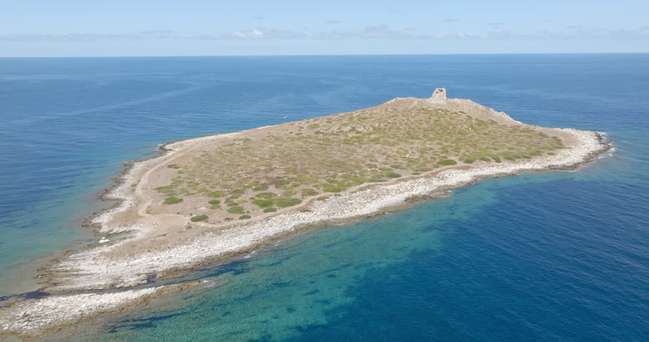 Aerial view of Isola delle Femmine (The Island of Females). It is a small, uninhabited island in the Mediterranean Sea located near Palermo, Sicily, Italy. There are the ruins of an old watchtower.