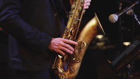 Concert view of saxophonist musician, saxophone sax player with vocalist and musical band during jazz orchestra show performing music on a stage in the scene lights, concert in a musical club hall
 - Powered by Shutterstock - Get 15% off with code: PIKWIZARD15