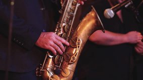 Concert view of saxophonist musician, saxophone sax player with vocalist and musical band during jazz orchestra show performing music on a stage in the scene lights, concert in a musical club hall
 - Powered by Shutterstock - Get 15% off with code: PIKWIZARD15
