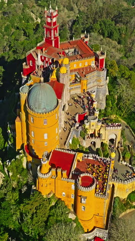  Aerial view of famous historic National Palace of Pena in Sintra, Lisbon, Portugal