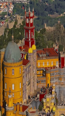  Aerial view of famous historic National Palace of Pena in Sintra, Lisbon, Portugal