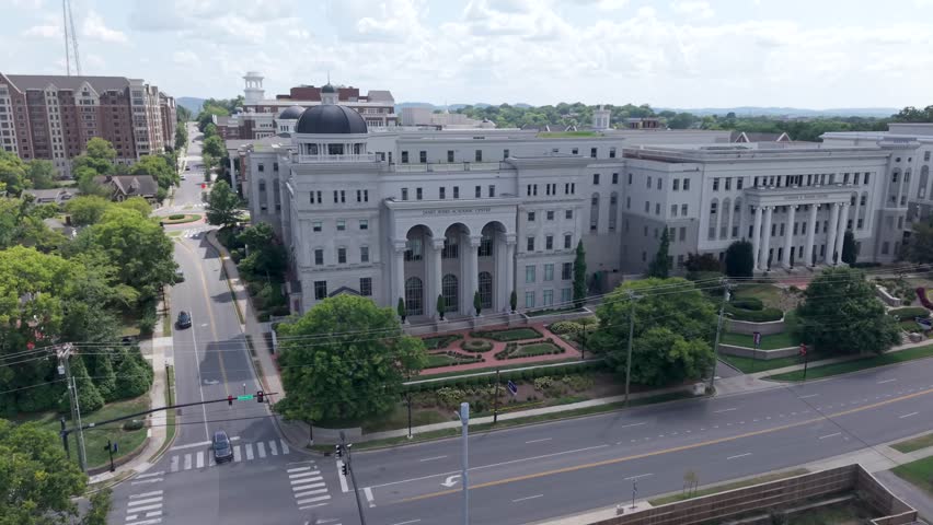Rising Aerial Shot Of Belmont University Campus Buildings In Downtown Nashville, Tennessee, USA.