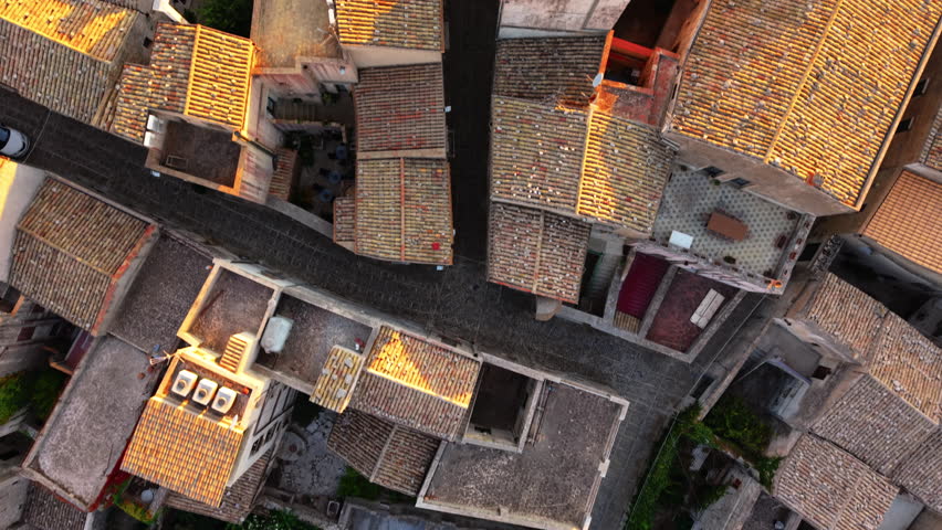 Topdown View Of Rooftops Of Houses In Erice Village, Sicily, Italy. - aerial shot