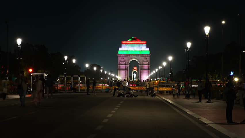 Fast Motion Timelapse of India Gate Illuminated with Tricolor Lights – Stunning Cinematic Aerial and Street Perspective of Delhi