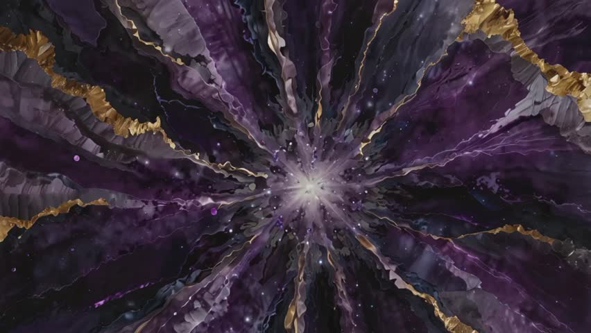 A very rich and luxurious composition, resembling the cross-section of a geode or crystalline mineral formation. The predominance of deep purple and lavender creates a mysterious depth.