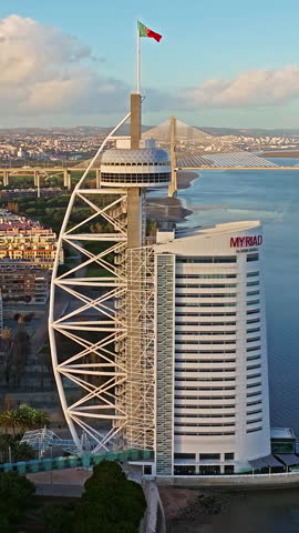Lisbon , Nauru 7.07.2025: Aerial view of Vasco da Gama Tower Babylon 360 and Myriad hotel