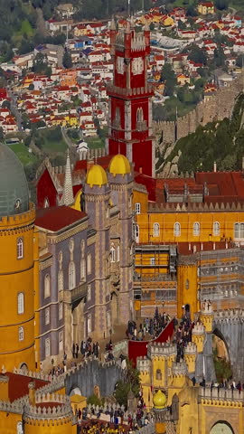  Aerial view of famous historic National Palace of Pena in Sintra, Lisbon, Portugal