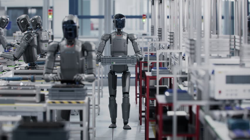 3D Animation: Human Like Robot Working in Industrial Environment. He is Moving Box with Tools. At a Factory Autonomous AI-Powered Humanoid Robot Walking. Industrial Automation AI-Accelerated