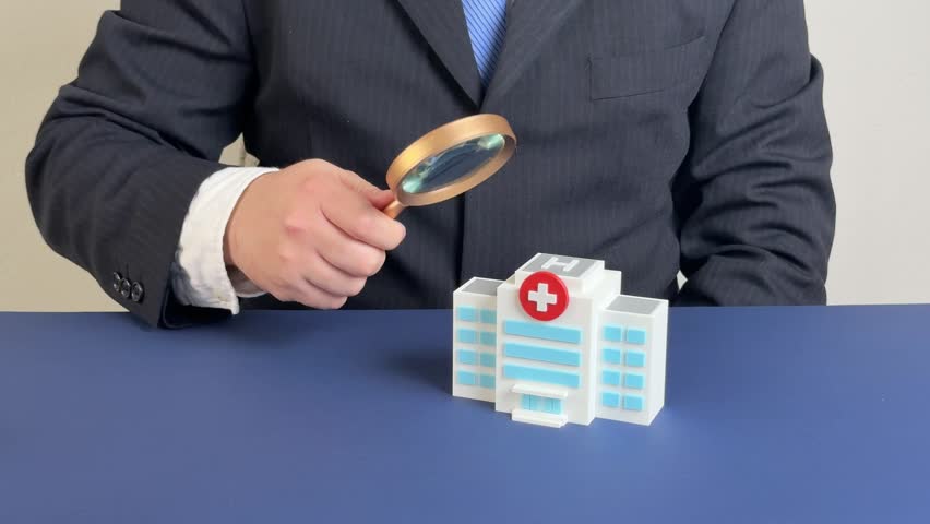 Man investigates hospital. Monitoring for corruption and insurance fraud. Healthcare audit, oversight, compliance, financial control