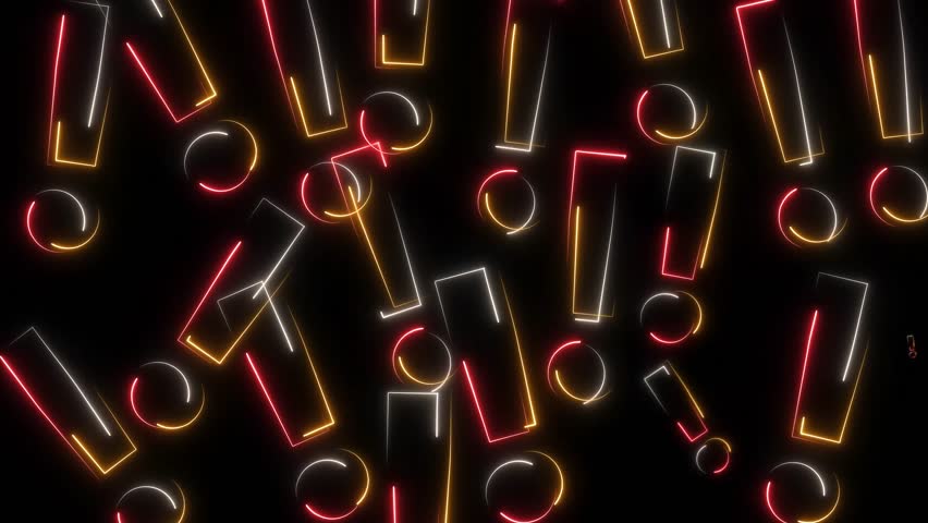 Neon exclamation mark fill the frame. Glowing warning outlines drift in parallax, forming an energetic alert pattern. Transition electric motion background for attention, notification, emphasis