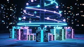 2026 animated greeting card. Futuristic neon Christmas tree with glowing spirals falling snowflakes and circuit-pattern gift boxes on snowy urban background. Happy New Year 2026 - Powered by Shutterstock - Get 15% off with code: PIKWIZARD15