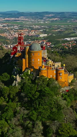  Aerial view of famous historic National Palace of Pena in Sintra, Lisbon, Portugal