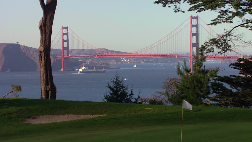 Still shot of bridge from golf course