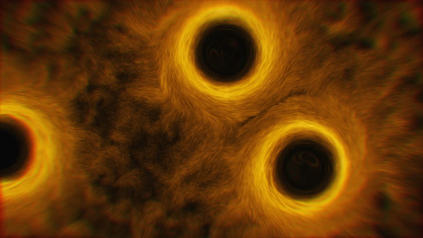 Concept map of 3 black holes and the surrounding matter. Two of them merging into a supermassive black hole. Animation map built from particles.