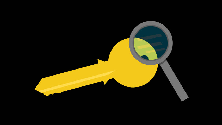 video animation key and magnifying glass in keyword concept icon, on a transparent background with alpha channel set to zero