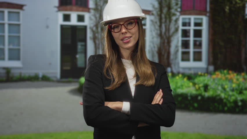 Woman in white hardhat and red glasses with arms crossed at building entrance; confidence leadership poise.