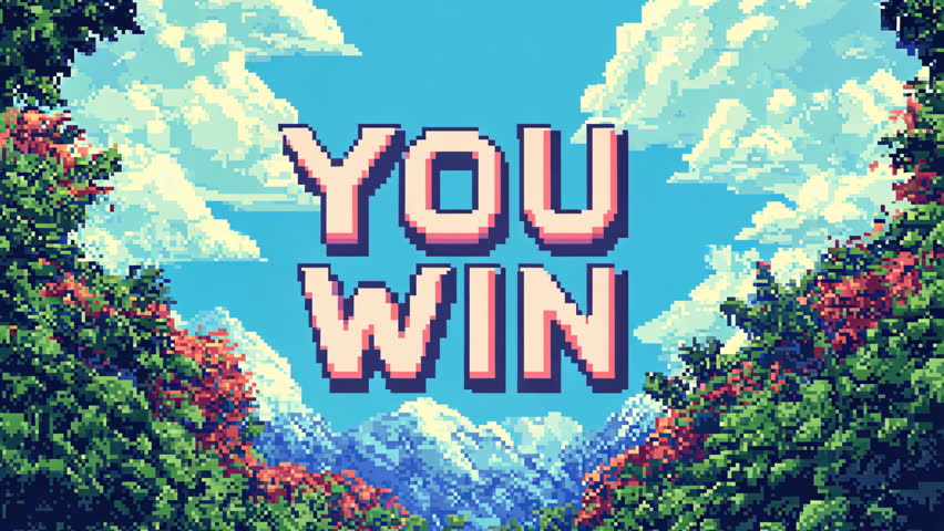 You Win Pixel art game design. Arcade retro banner, digital pixel 8-bit. End level final poster. Vintage style. Pixelated text illustration. Gaming finish sign. Old fashion effect.
