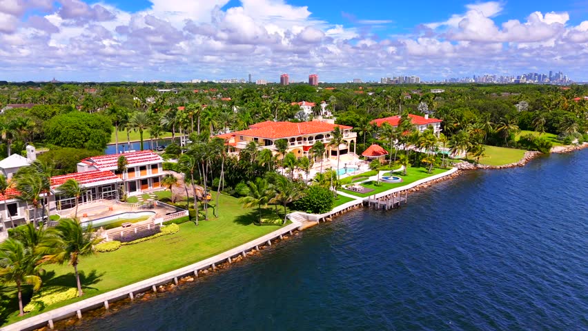 Luxury waterfront real estate Miami Coral Gables. Aerial 4k 24p stock video clip