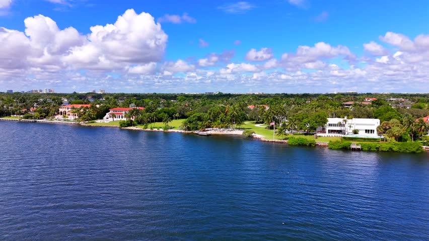 Luxury waterfront mansion homes in Coral Gables Miami Florida. Aerial 4k drone video 24p 2025
