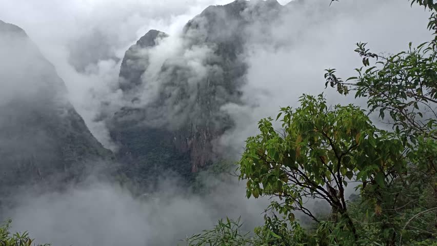 Morning mountains Andes in fog and clouds around Machu Picchu, Peru