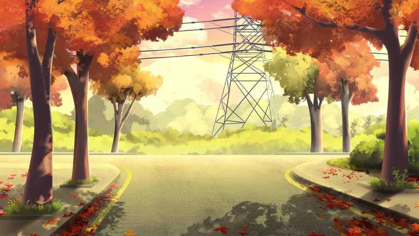 Beautiful animated autumn road with falling leaves and vehicles passing under warm sunset. Ideal for seasonal projects, travel videos, or scenic backgrounds. 4K animation.