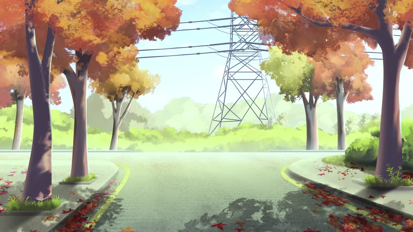 Scenic autumn animation with vehicles driving on a suburban road. Colorful fall foliage and gently falling leaves create a peaceful seasonal atmosphere.
