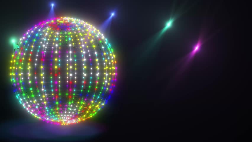A dazzling, multi-colored disco ball spins, casting vibrant lights and energetic beams across a dark, atmospheric space, evoking excitement and joy.