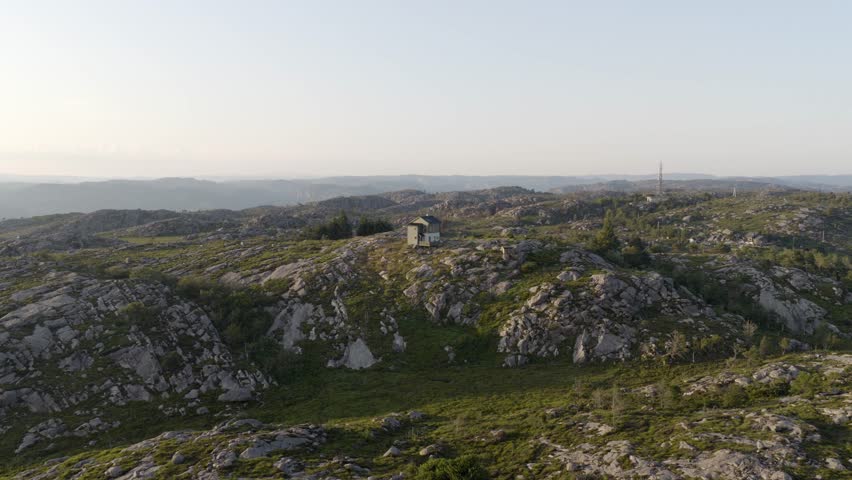Remote house on rocky mountain landscape with wide view