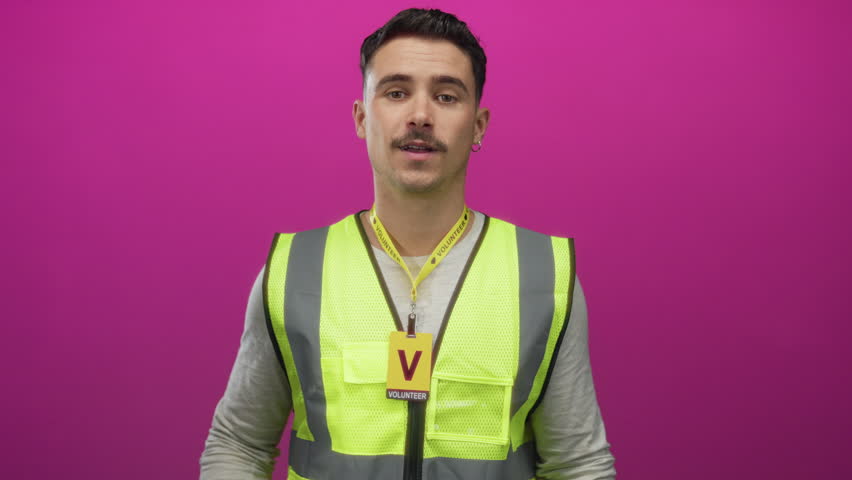 Young hispanic man wearing reflective vest points to volunteer badge against isolated pink wall background