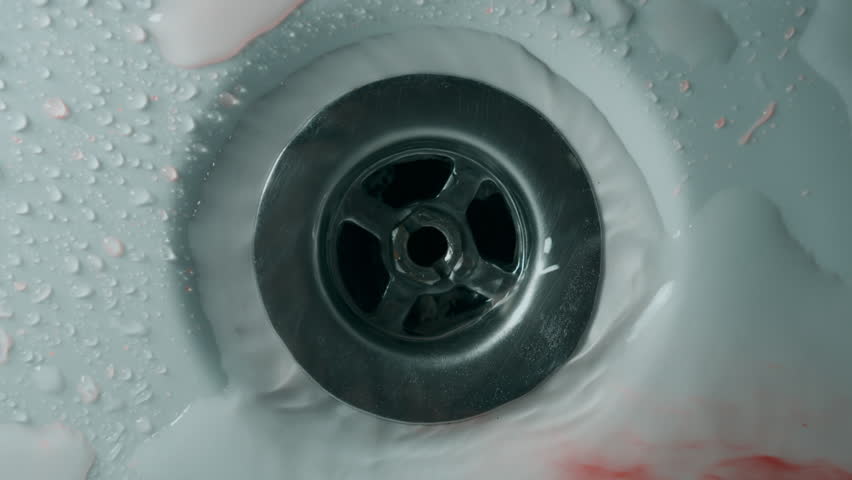 Realistic bloody water flowing into drain in bathroom, red liquid swirling in sink or bathtub, crime scene, homicide aftermath, murder cleanup, horror thriller, forensic evidence, killer washing hands