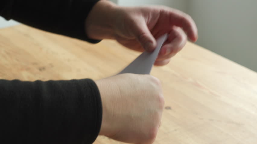 Hands Tearing Paper on Wooden Table — Realistic Rip Sound, Close-Up Foley SFX