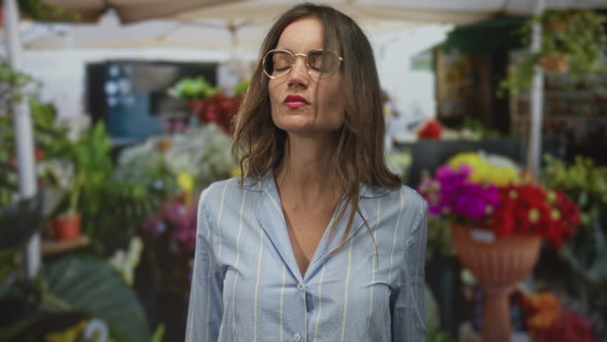 Woman wearing glasses and striped shirt making fighting gesture with fists among colorful flowers at street market; confidence defiance.