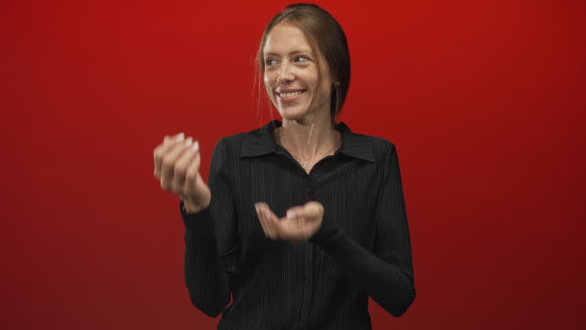 Young hispanic woman smiling while presenting both open palms in studio with red backdrop; joy welcome confidence.