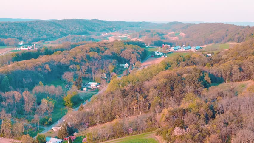Aerial landscape of corn fields farmland mountains sunset rural Appalachia Central Pennsylvania USA