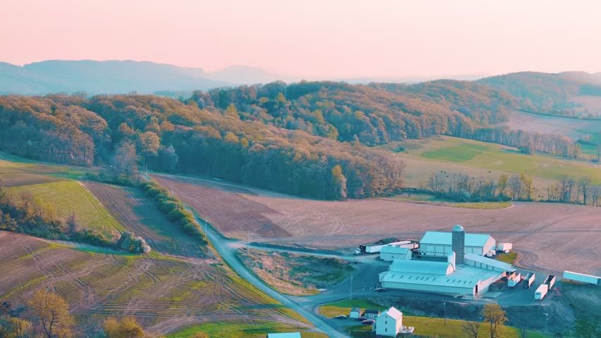 Aerial landscape of corn fields farmland mountains sunset rural Appalachia Central Pennsylvania USA