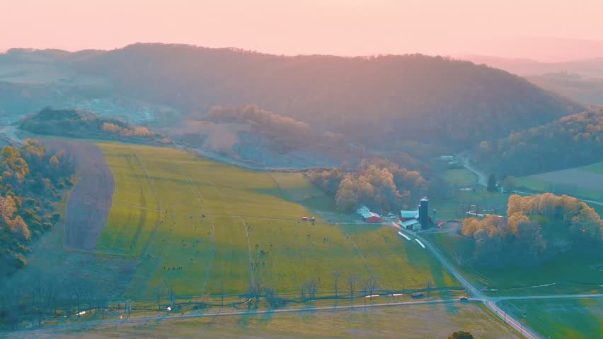 Aerial landscape of corn fields farmland mountains sunset rural Appalachia Central Pennsylvania USA
