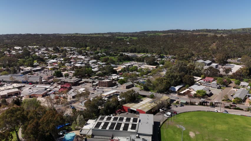 Clare, South Australia – 4K Aerial Drone Footage of Clare Valley Township of Main Street, Green Parks, Sports Oval, Houses, Estates, Rolling Hills in the Renowned Wine Region of Australia Inland 