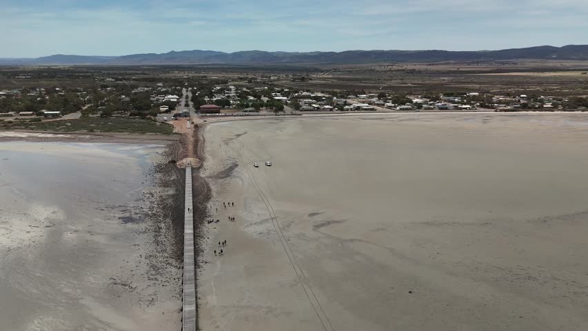 Port Germein, South Australia – 4K Aerial Drone Footage of Coastal Town, Historic Lighthouse, Sandy Foreshore, Beachfront Houses, Estates, Tree-line Streets, Distant Flinders Ranges 