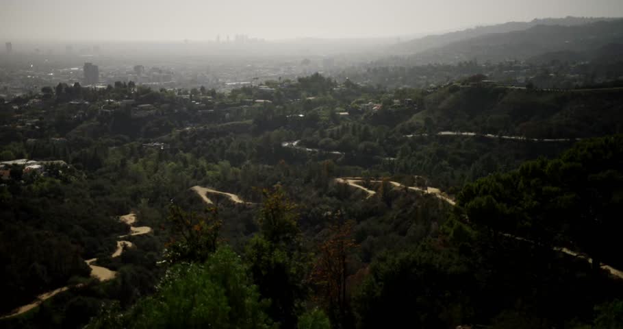 4K Los Angeles Skyline: Hazy Urban Vista with Trees