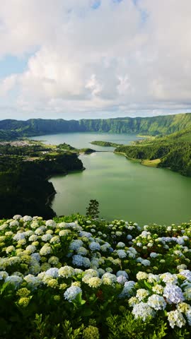 Miradouro da Vista do Rei. Sete Cidades Caldera. Blue Lake and Green Lake. Azores, Sao Miguel Island. Portugal. Wide Shot. Vertical Video