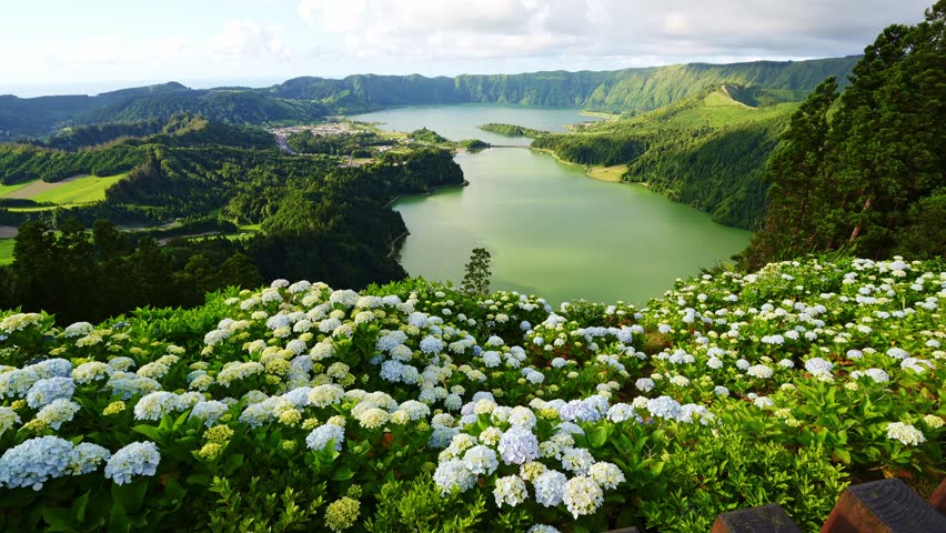 Miradouro da Vista do Rei. Sete Cidades Caldera. Blue Lake and Green Lake. Azores, Sao Miguel Island. Portugal. Wide Shot