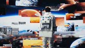 Cheerful astronaut dancing while monitoring mission data on displays. Jolly spacecraft cosmonaut having fun doing dance moves while looking at space travel multimedia digital backdrop, camera A - Powered by Shutterstock - Get 15% off with code: PIKWIZARD15