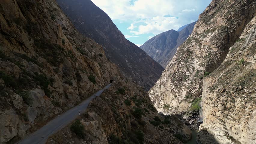 Huaraz, Peru: Aerial drone footage of Canon del Pato canyon in Huaraz, Peru. With forward motion, showing empty road located between cordillera blanca and cordillera negra mountains