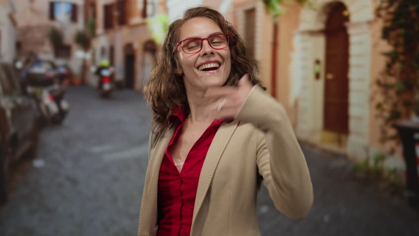 Woman smiling while reaching out her hand on a charming city street, exuding happiness and confidence with vibrant attire and urban backdrop.