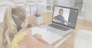 Girl opening laptop starting learning call watching boy teaching code with binary flow taking notes. Education, distance learning, technology, collaboration, youth, innovation, communication - Powered by Shutterstock - Get 15% off with code: PIKWIZARD15