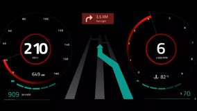 Futuristic car dashboard with speed meter RPM, temperature, and navigation on black screen  - Powered by Shutterstock - Get 15% off with code: PIKWIZARD15